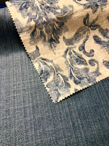 Chartwell Damask French Blue Cream Velvet Upholstery Drapery Fabric / Harbour