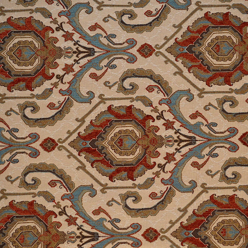 Taupe Rusty Red Brown Teal Kilim Floral Upholstery Fabric MGF