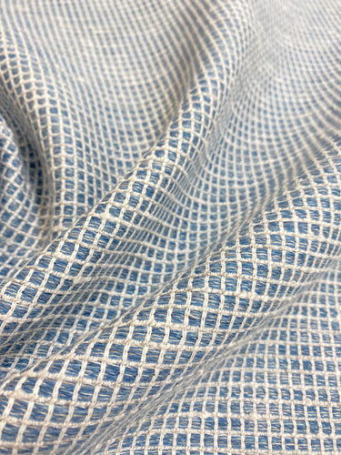 Designer French Blue White Woven Check Water & Stain Resistant Upholstery Fabric WHS 4018