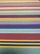 Load image into Gallery viewer, Designer Orange Yellow Purple Aqua Pink Taupe Stripe Water &amp; Stain Resistant Upholstery Drapery Fabric STA 3289