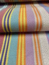 Load image into Gallery viewer, Designer Orange Yellow Purple Aqua Pink Taupe Stripe Water &amp; Stain Resistant Upholstery Drapery Fabric STA 3289