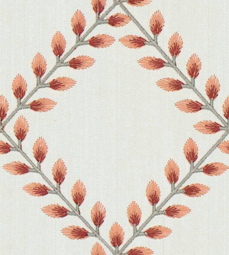 Embroidered Grey Coral Red Cream Botanical Drapery Fabric FB