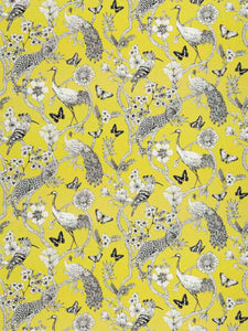 Cream Yellow Black Peacock Cheetah Floral Bird Linen Blend Upholstery Drapery Fabric FB