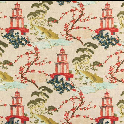 Stain Resistant Aqua Blue Beige Red Teal Green Chinoiserie Asian Upholstery Drapery Fabric CF