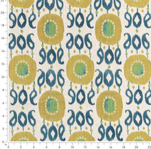 Load image into Gallery viewer, Stain Resistant Teal Green Mustard Cream Ikat Upholstery Drapery Fabric CF
