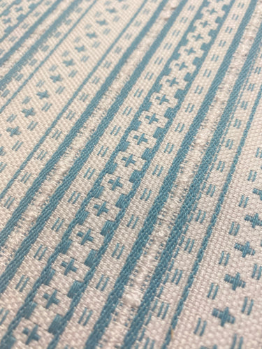 Designer Cream Turquoise Blue Stripe Indoor Outdoor Water & Stain Resistant Upholstery Drapery Fabric WHS 4106