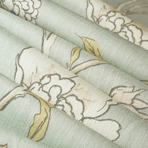 Cotton Linen Seafoam Aqua Grey Mustard Botanical Floral Drapery Fabric