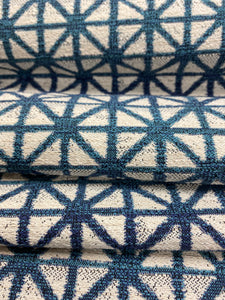 Designer Geometric Water & Stain Resistant Teal Navy Blue Cream Shibori Upholstery Fabric WHS 3360