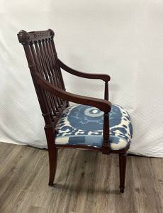 Set of Four Mahogany Lattice Dining Room Chairs in Schumacher Samarkand Ikat II Porcelain