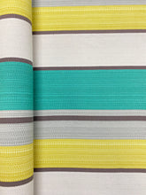Load image into Gallery viewer, P Kaufmann Adventure Citron Yellow Cream Brown Teal Stripe Water &amp; Stain Resistant Upholstery Fabric WHS 3497