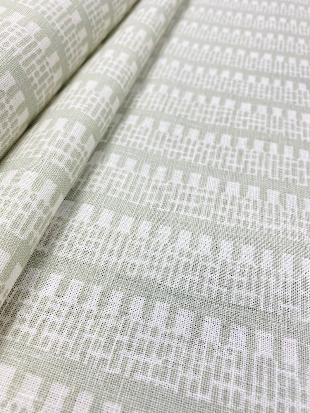 1.25 Yard Schumacher Kiosk Sage Green Ivory Linen Stripe Geometric Upholstery Drapery Fabric WHS 3372