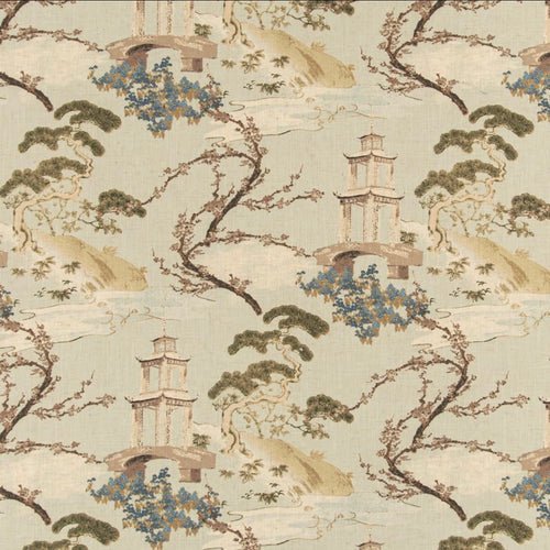 Stain Resistant Seafoam Green Brown Teal Taupe Chinoiserie Asian Upholstery Drapery Fabric CF