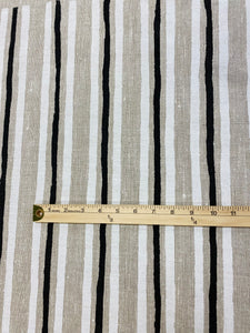 Designer Beige White Black Hand Printed Stripe Belgian Linen Upholstery Fabric WHS 3160
