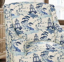 Load image into Gallery viewer, Stain Resistant Navy Aqua Blue Cream Chinoiserie Asian Upholstery Drapery Fabric CF