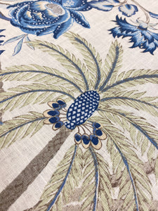 La Belle Cream Green Blue Floral Tropical Palm Tree Rayon Linen Water & Stain Resistant Drapery Fabric/ Porcelain STA 3883