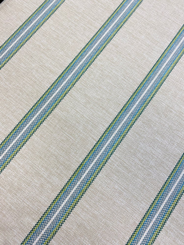 Irregular Remnant Piece of Schumacher Garden Stripe Indoor Outdoor Woven Beige Green Blue Nautical Stripe Upholstery Fabric WHS 4237