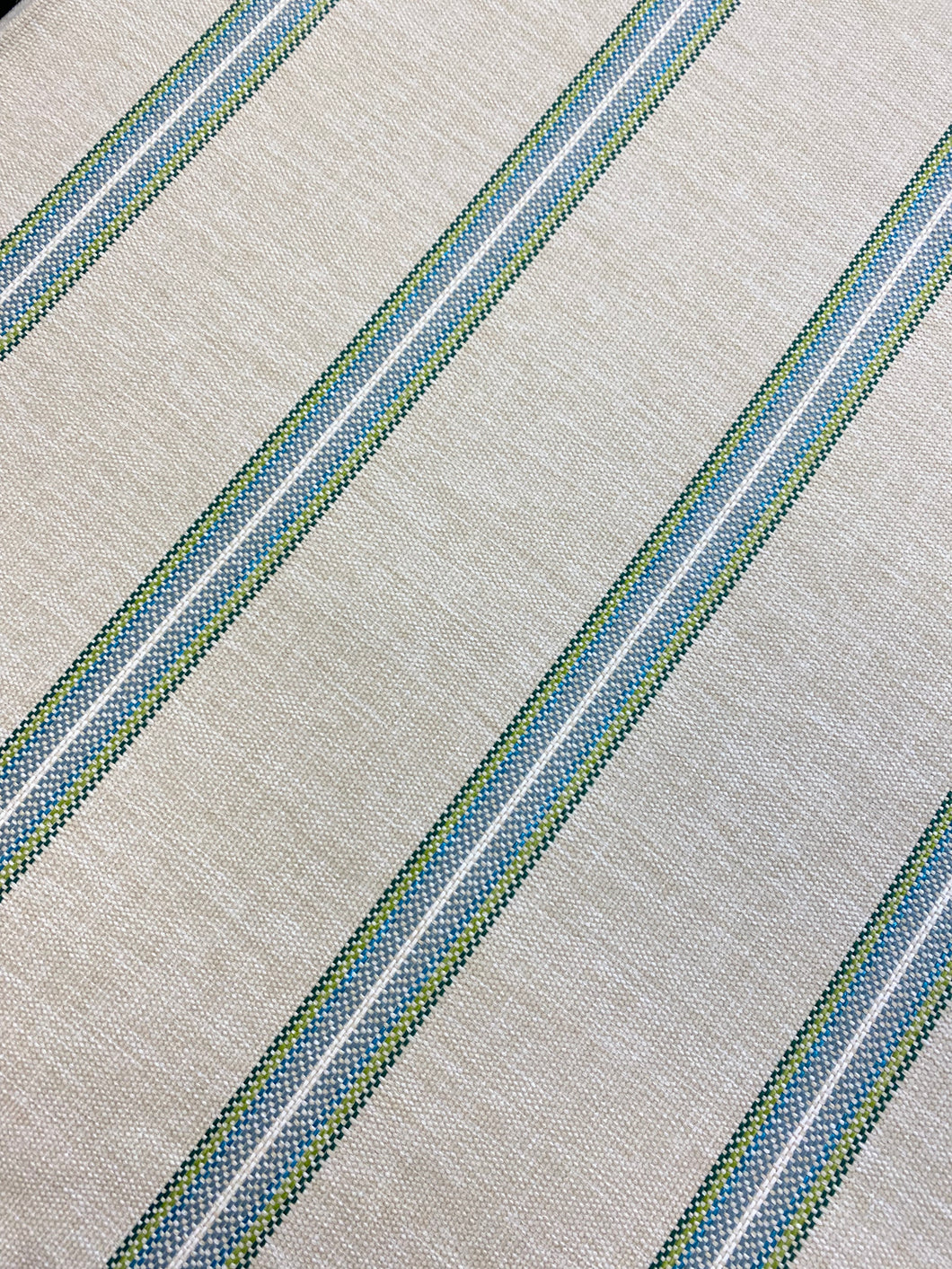 Irregular Remnant Piece of Schumacher Garden Stripe Indoor Outdoor Woven Beige Green Blue Nautical Stripe Upholstery Fabric WHS 4237