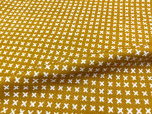 Load image into Gallery viewer, Water Stain Resistant Linen Blend Marigold Mustard Gold Cross Stitch Geometric Upholstery Drapery Fabric