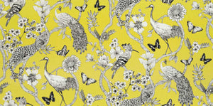 Cream Yellow Black Peacock Cheetah Floral Bird Linen Blend Upholstery Drapery Fabric FB