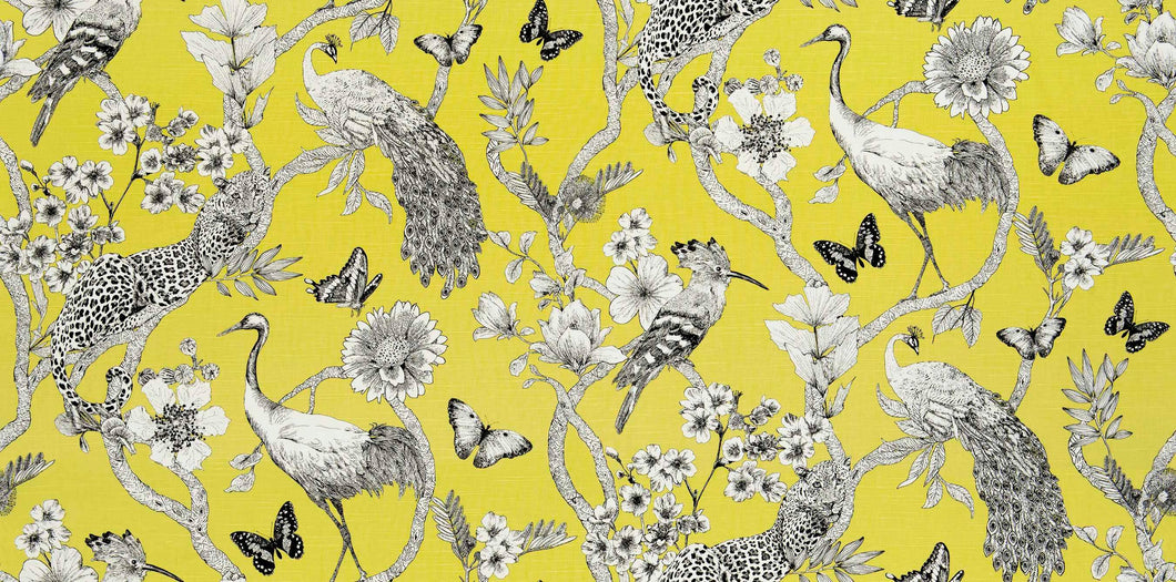Cream Yellow Black Peacock Cheetah Floral Bird Linen Blend Upholstery Drapery Fabric FB