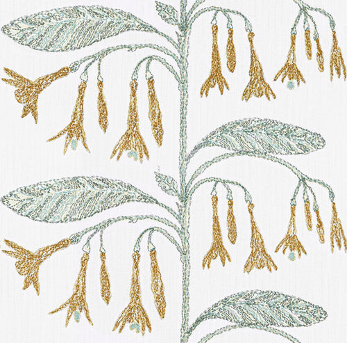 Off White Mustard Gold Grey Teal Green Floral Botanical Drapery Fabric FB