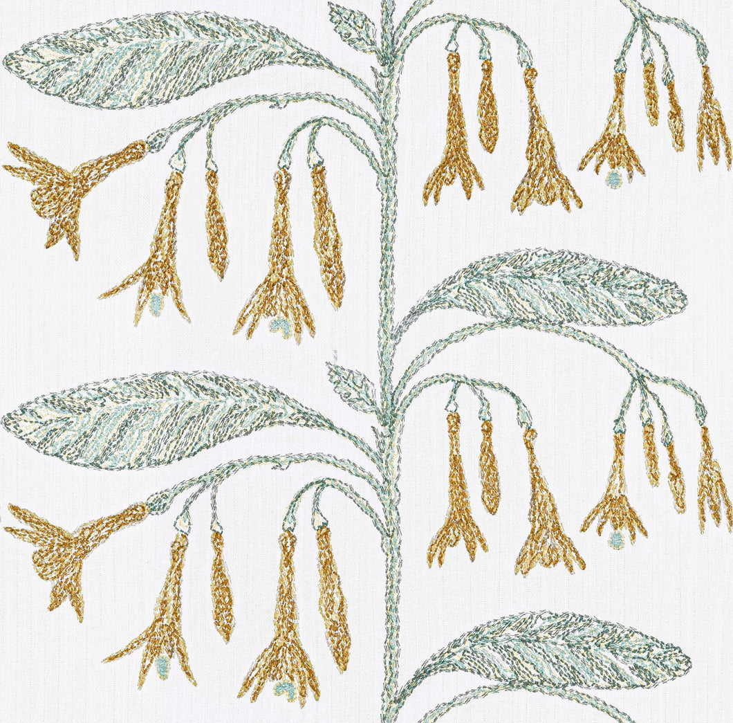 Off White Mustard Gold Grey Teal Green Floral Botanical Drapery Fabric FB