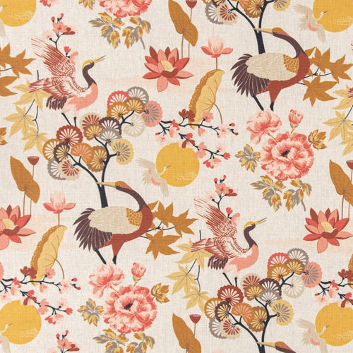 Stain Resistant Cream Mustard Coral Black Chinoiserie Crane Bird Upholstery Drapery Fabric CF