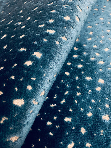 Designer Teal Blue Cream Animal Pattern Cheetah Velvet Upholstery Fabric STA 3927