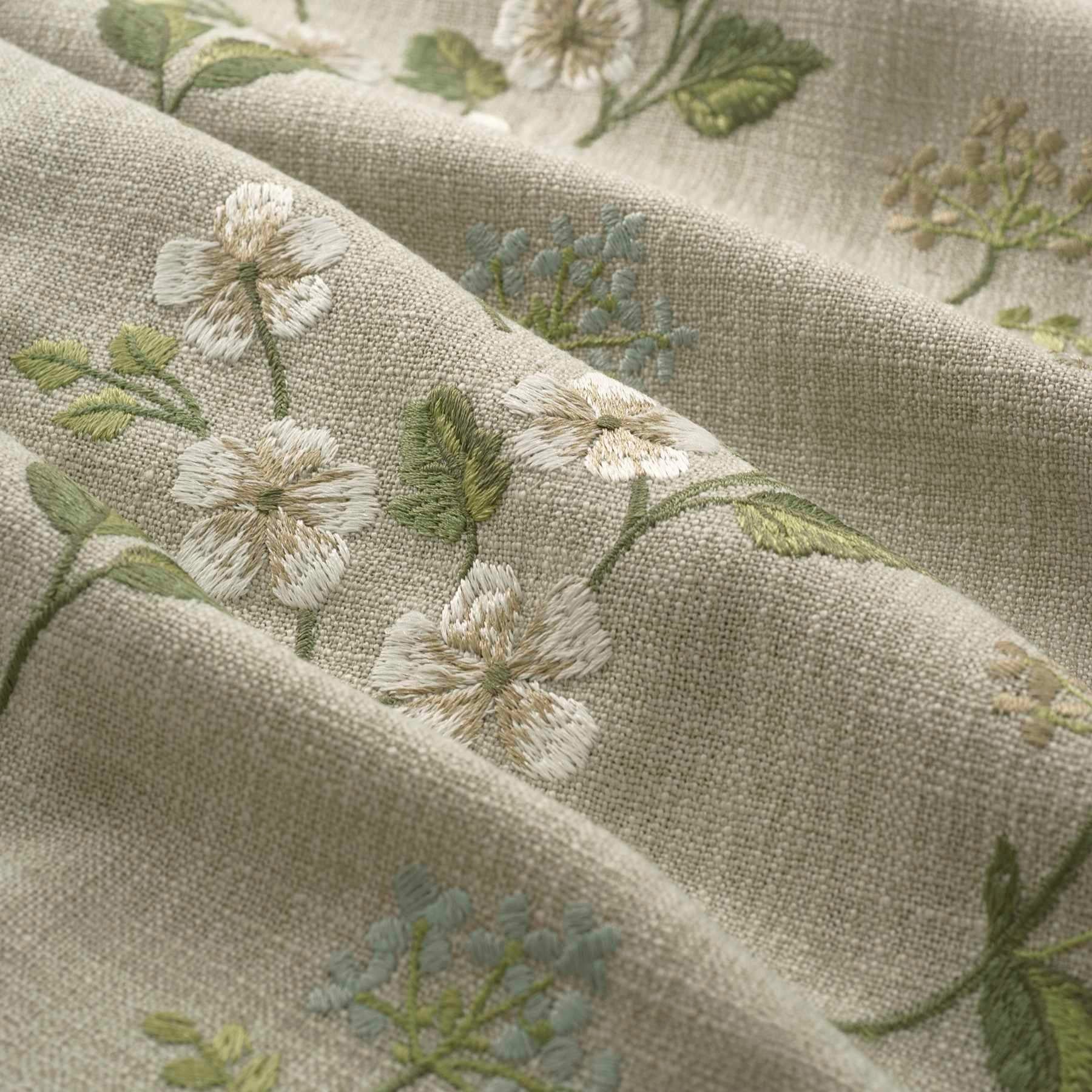 Abstract Embroider in Green and Brown on Cream | Drapery / Upholstery  Fabric | 54 Wide | By the Yard