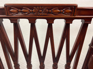 Set of Four Mahogany Lattice Dining Room Chairs in Schumacher Samarkand Ikat II Porcelain