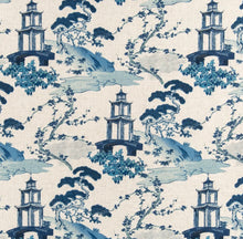 Load image into Gallery viewer, Stain Resistant Navy Aqua Blue Cream Chinoiserie Asian Upholstery Drapery Fabric CF