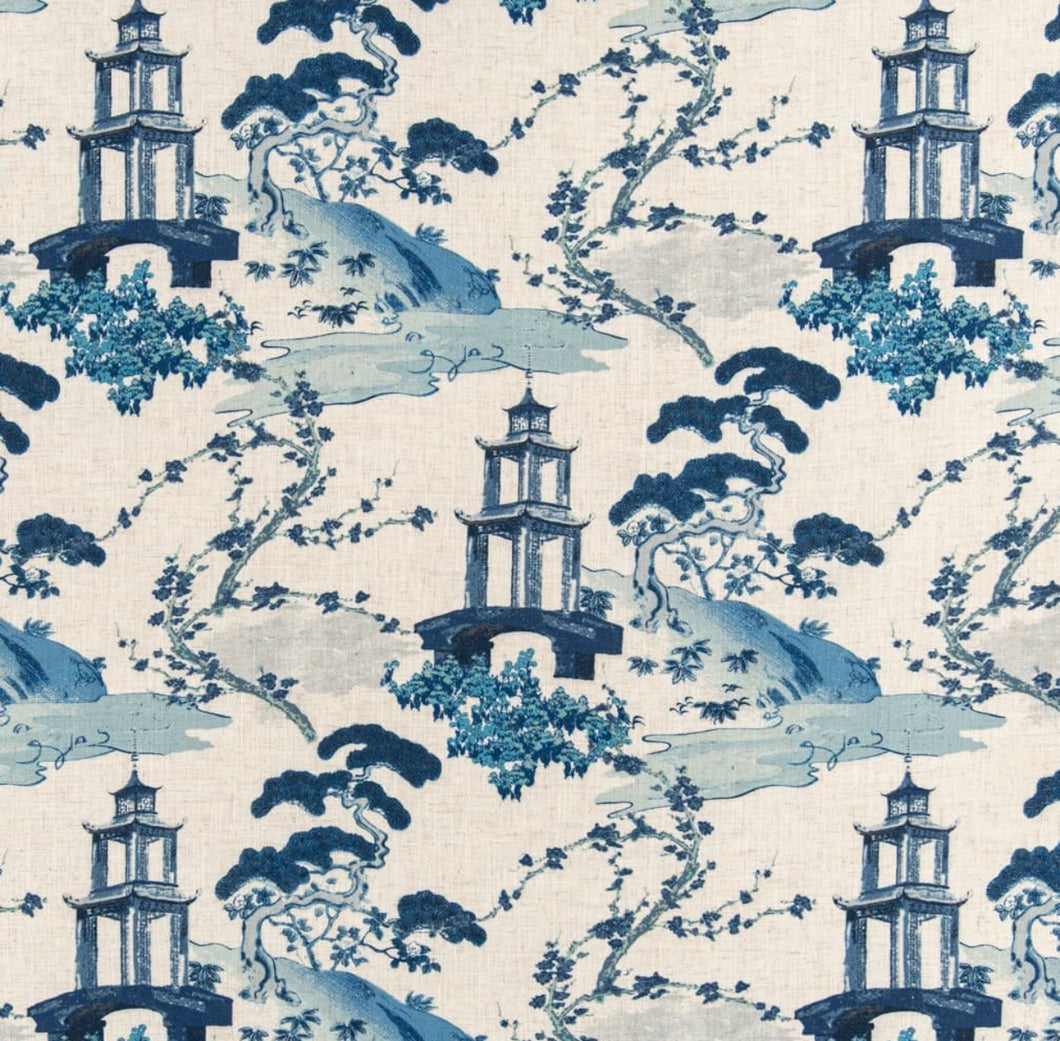 Stain Resistant Navy Aqua Blue Cream Chinoiserie Asian Upholstery Drapery Fabric CF