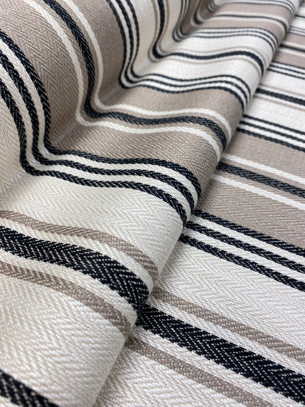 Designer Cream Taupe Black Nautical Stripe Water & Stain Resistant Upholstery Drapery Fabric WHS 3629