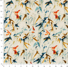 Load image into Gallery viewer, Stain Resistant Cream Navy Blue Mustard Orange Floral Bird Upholstery Drapery Fabric CF