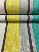 Load image into Gallery viewer, P Kaufmann Adventure Citron Yellow Cream Brown Teal Stripe Water &amp; Stain Resistant Upholstery Fabric WHS 3497