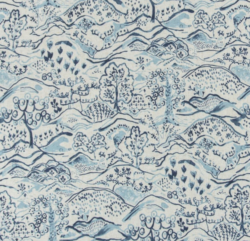 Stain Resistant Cream Navy Blue Chinoiserie Asian Scenic Toile Upholstery Drapery Fabric CF