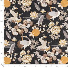 Load image into Gallery viewer, Stain Resistant Charcoal Black Grey Brown Mustard Chinoiserie Crane Bird Upholstery Drapery Fabric CF