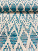 Load image into Gallery viewer, Designer Blue Teal Cream Stripe Ikat Indoor Outdoor Water &amp; Stain Resistant Upholstery Fabric STA 3292