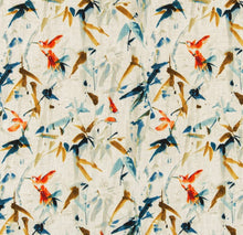 Load image into Gallery viewer, Stain Resistant Cream Navy Blue Mustard Orange Floral Bird Upholstery Drapery Fabric CF