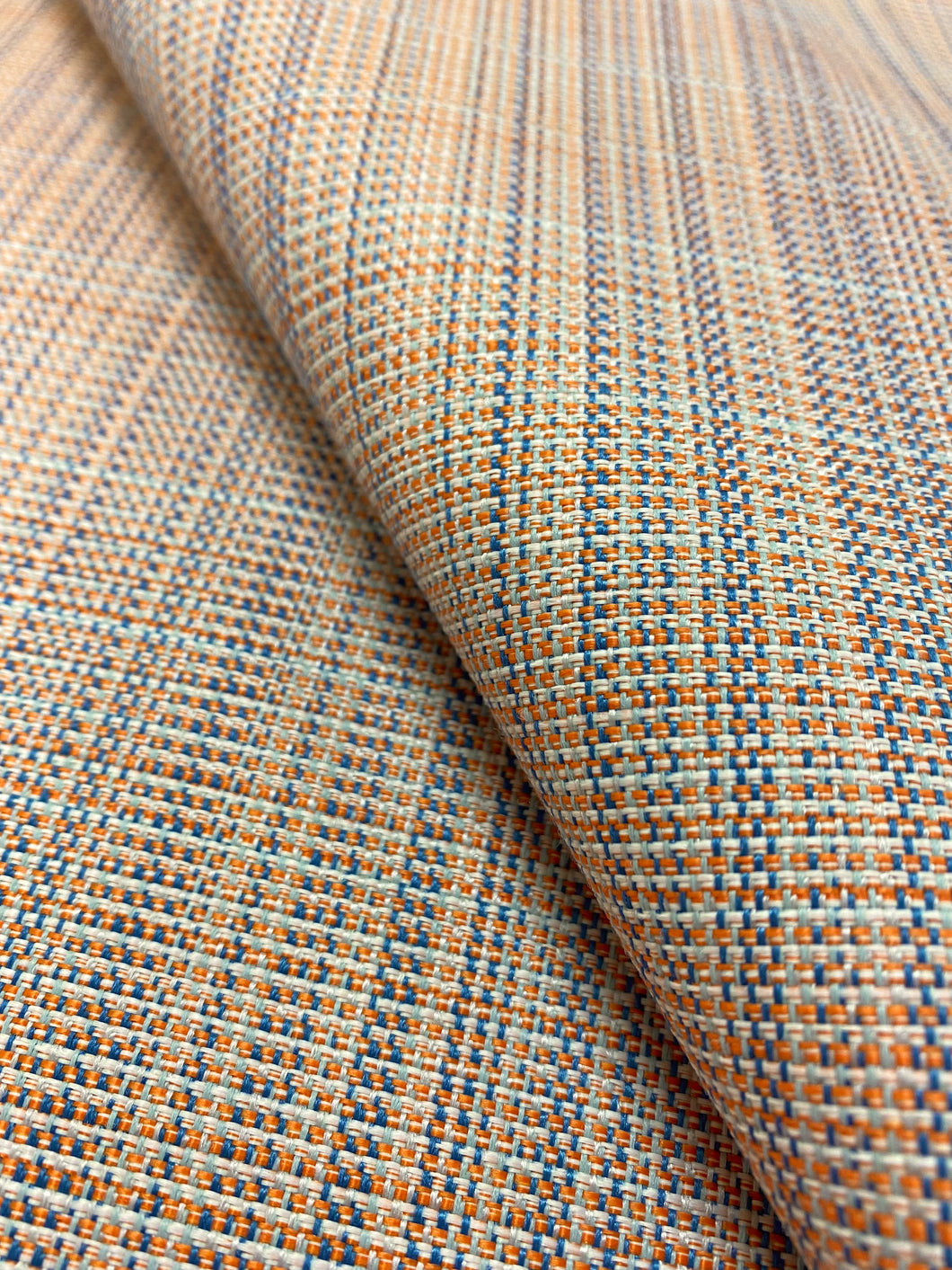 Water & Stain Resistant Blue Orange Indoor Outdoor MCM Mid Century Modern Tweed Upholstery Fabric WHS 3679