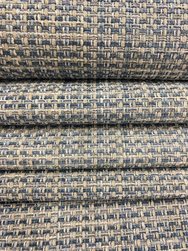 Designer French Blue Beige Grey MCM Mid Century Modern Tweed Chenille Upholstery Fabric WHS 4051
