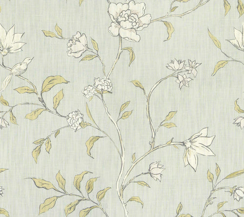 Cotton Linen Seafoam Aqua Grey Mustard Botanical Floral Drapery Fabric