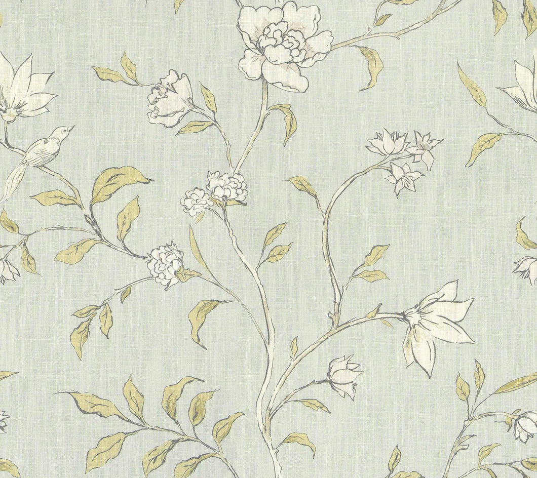 Cotton Linen Seafoam Aqua Grey Mustard Botanical Floral Drapery Fabric