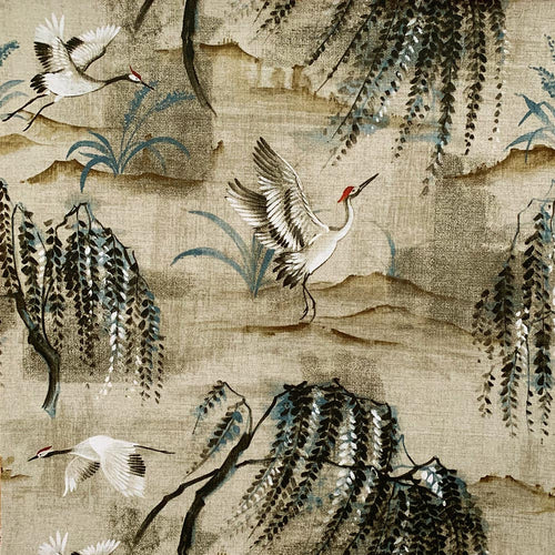 Cotton Green Teal Olive Botanical Asian Crane Bird Upholstery Drapery Fabric MGF