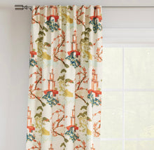 Load image into Gallery viewer, Stain Resistant Aqua Blue Cream Red Green Chinoiserie Asian Upholstery Drapery Fabric CF