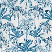 Load image into Gallery viewer, Linen Cotton Aqua Navy Blue Botanical Tropical Palm Tree Upholstery Drapery Fabric FB