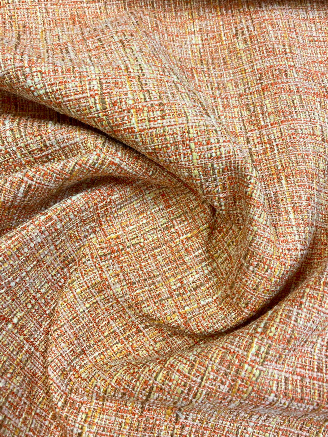 Designer Indoor Outdoor Water & Stain Resistant Coral Peach Yellow Cream Tweed Upholstery Fabric WHS 3523