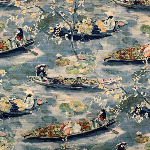 Navy Blue Green Red Asian Chinoiserie Linen Blend Upholstery Drapery Fabric MGF