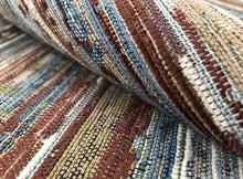 Load image into Gallery viewer, Robert Allen Tamacheq Carob Water &amp; Stain Resistant Brown Aqua Navy Blue Cream Abstract Kilim Stripe Tapestry Upholstery Fabric STA380