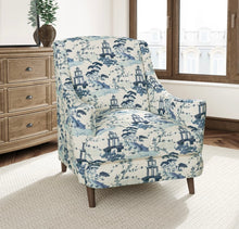 Load image into Gallery viewer, Stain Resistant Navy Aqua Blue Cream Chinoiserie Asian Upholstery Drapery Fabric CF